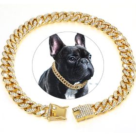 Dog Chain Crystal Artificial Diamondoid Dog Collar Walking Metal Chain Collar With Secure Buckle (Color: Golden, size: S)